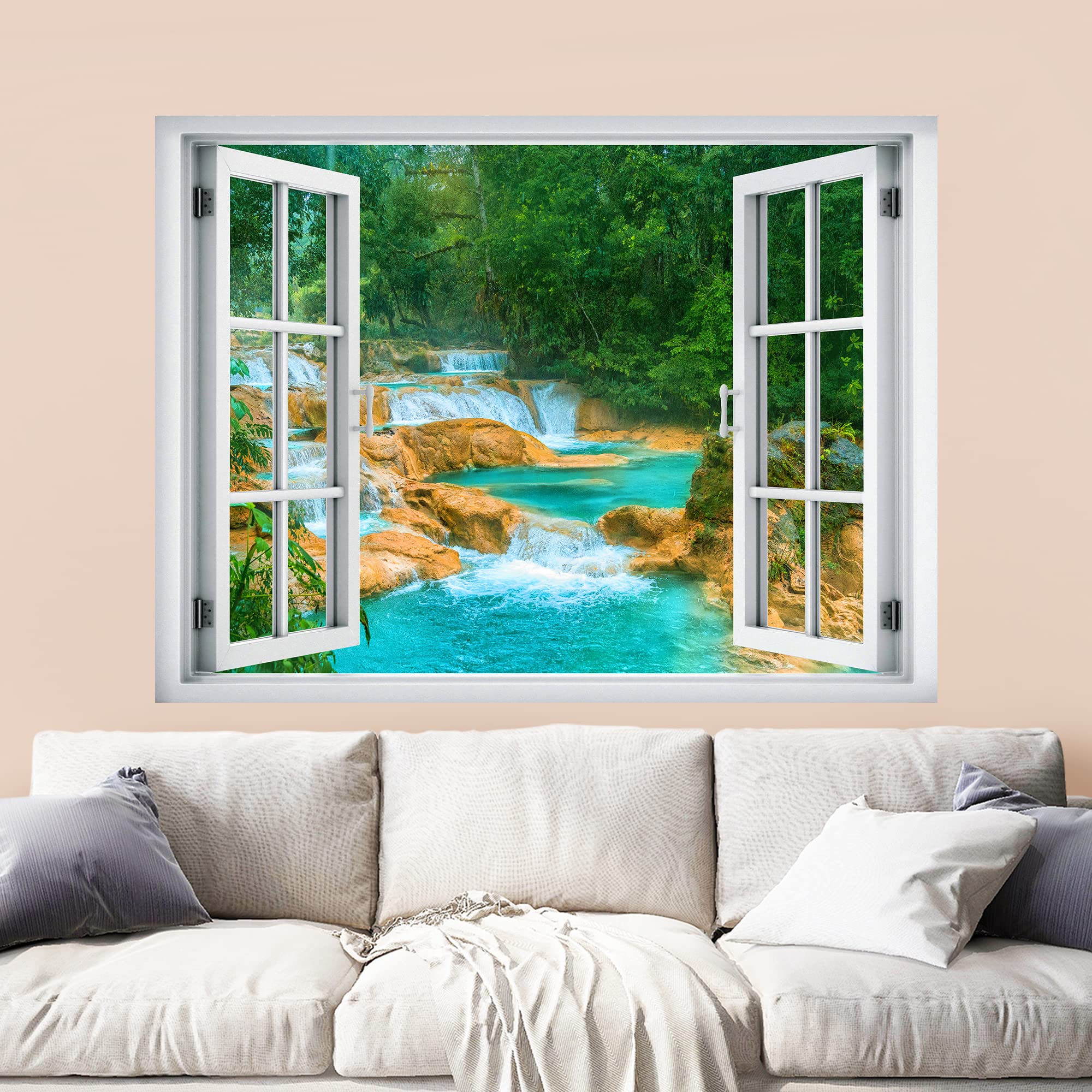 wall26 Removable Wall Sticker/Wall Mural Window View Vibrant Green Forest Mountain River Rapids Nature Wilderness Photography Realism Landscape Multicolor for Living Room  Bedroom  Office - 24''x32''